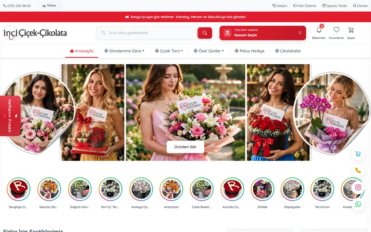 İnci Çiçek & Çikolata çiçekçi web sitesi ana sayfası